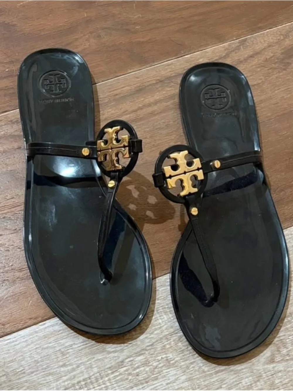 Tory Burch Black Sandal with Gold Logo Medallions